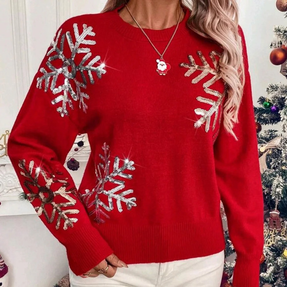 Snowflake Pattern Long Sleeve Sweater, Casual Christmas - Picture 4 of 5